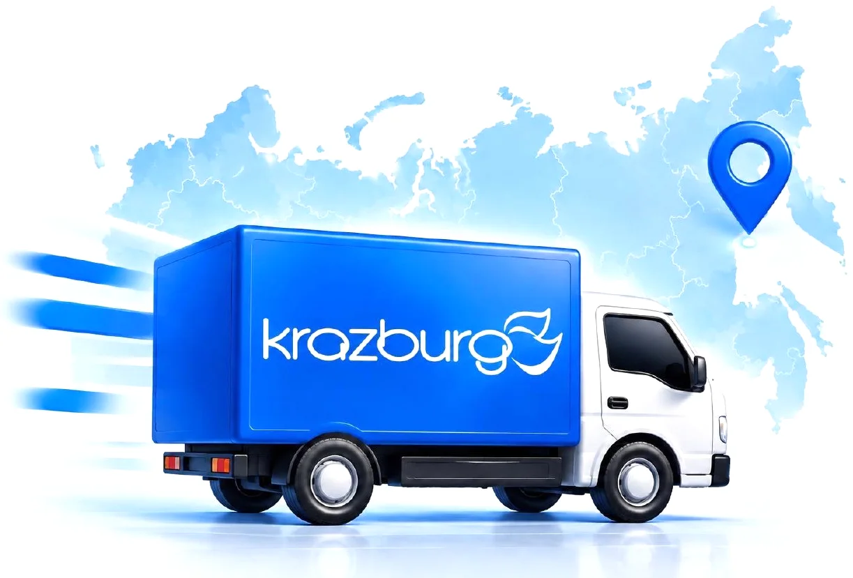 Синий грузовик krazburg на фоне карты России с отметкой пункта выдачи